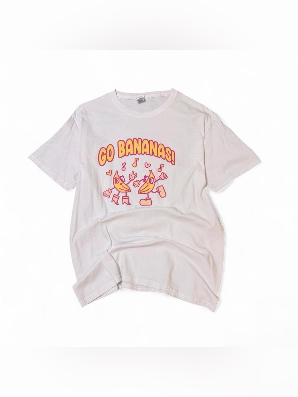 Fruit of the Loom White Tee with Pink & Yellow 'Go Bananas!' Graphic